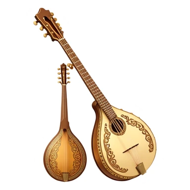 Bouzouki – Cinematic Realistic Bouzouki, depicted as a beautifully crafted Greek string instrument with a long neck and ornate fretwork, its polished wooden body reflecting warm golden light, set on a rustic background with soft shadows that evoke traditional Mediterranean music. sticker