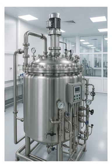 a large industrial biofermentor, cylindrical tank with pipes and gauges, metallic, in a clean laboratory setting sticker