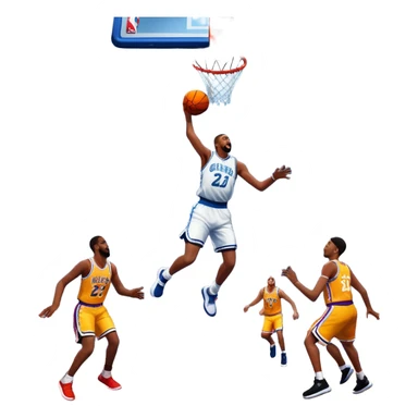 An icon showing a basketball court with players in action, inspired by NBA 2K25. A player jumps for a dunk, the ball mid-air, surrounded by a vibrant basketball arena with cheering fans and bright lights. Transparent background emphasizes the intense atmosphere sticker