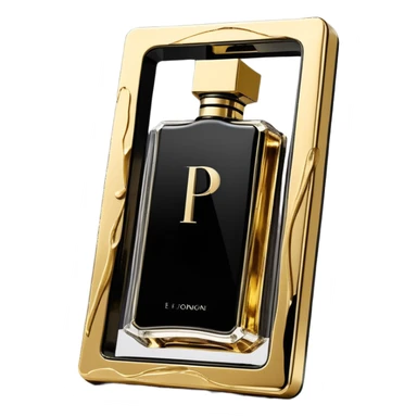 `Floating smartphone frame showing a rotating product video (e.g., perfume bottle) bleeding into metallic gold (#D4AF37) brushstrokes forming a "P" logo, obsidian black (#000000) phone frame, bold condensed font (e.g., Archivo Black), viral-ready aesthetic with painterly textures --style abstract --no cluttered details, text-heavy designs sticker