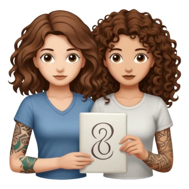 formula drawing — long wavy brown hair tattooed woman and short tight curly brown hair woman — rune sketch ground sticker