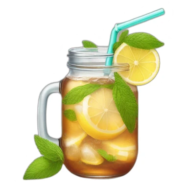 iced tea in a mason jar, with no lid, and a straw. In the iced tea have lemons, mint leaves and ice sticker