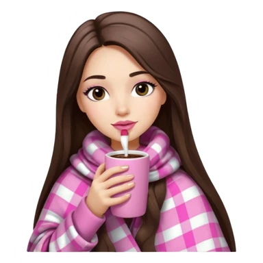 Pink lip, eyelashes, Black eyed brunette girl with long hair and light skin shoulders wrapped up in a pink plaid blanket drinking hot chocolate sticker