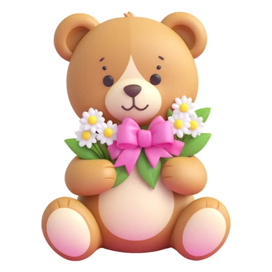 A cute teddy bear with a pink bow on its head, holding a bouquet of white flowers, in a 3D iOS Disney style, with a soft pink background and hearts floating around. sticker