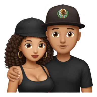 A picture of a tanned couple embracing. the guy is Mexican, with a bald hair cut and he has a SnapBack hat on. The girl is mixed, the girl is wearing a black shirt, the girl has brown curly big hair and the girl has big boobs  sticker