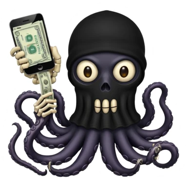 satanic octopus skeleton with scary evil eyes, wearing a black balaclava. 1 tentacle is holding a cellphone, 1 tentacle is holding a bone, 1 tentacle is holding a stack of cash. sticker