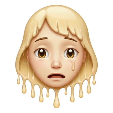 softly smiling crying face that appears to be melting downward, large glossy drip like emoji, combined with the smooth dissolving lower half similar to the melting face. ‘I’m okay :) but absolutely not okay’ sticker