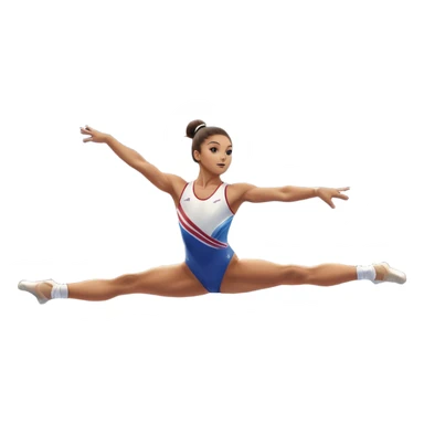 Professional gymnast performing a dynamic routine on parallel bars, captured mid-air in an elegant flip. The background features a well-lit gymnastics arena with a cheering audience. The athlete's posture and expression convey strength, control, and perfect coordination. sticker
