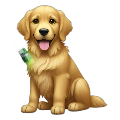 golden retriever with a green light saber sticker