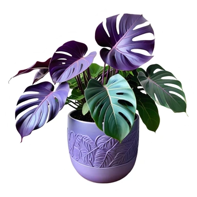 A stunning purple monstera plant with deep violet-green leaves, each leaf elegantly veined with subtle shades of purple, creating an ethereal glow. The plant is flourishing in a beautifully crafted lavender ceramic pot with intricate embossed floral patterns. The background features a softly blurred, moody violet gradient, enhancing the plant’s lush aesthetic. Delicate strands of ivy and tiny lavender blossoms cascade around the pot, adding depth and harmony. Soft, diffused lighting casts a gentle glow, emphasizing the plant’s unique coloration and creating a dreamy, artistic composition. sticker