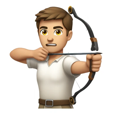 a male archer aiming with a bow facing  his target, eyes closed, wearing a white shirt, very short brown hair, bright skin, only show upper part of the body from waist up sticker