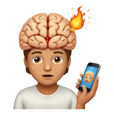 person fixated on a mobile phone with brain visibly overheating or burning sticker