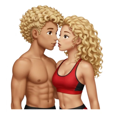 athletic man, high top fade, blonde curly hair only top only, no shirt and Athletic girl with long light red wavy long hair and black sports, Put them together kissing, or holding hands sticker