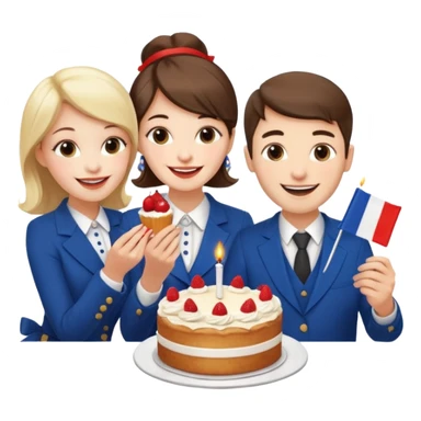 a french style elegant girl being recorded by 2 elegant guys with a french flag  and the girl eating a cake sticker