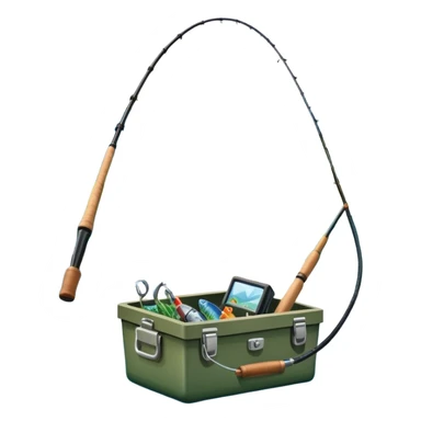 Icon for Fishing Travel: a boat on a calm lake surrounded by mountains and lush greenery, with fish jumping out of the water, a fishing rod, tackle box. The icon should capture the peaceful and adventurous nature of fishing trips. Transparent background. sticker