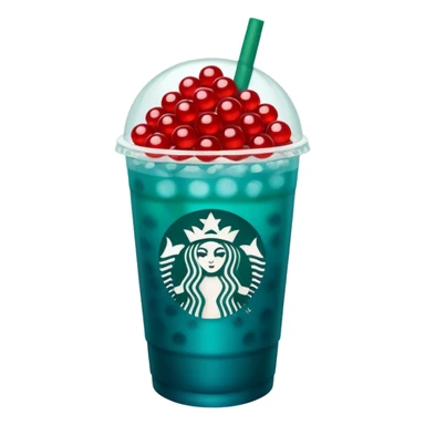 Teal-blue colored Starbucks refresher with red bobs pearls at the bottom sticker