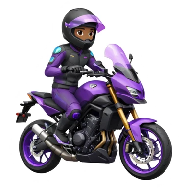Créer un emoji copiable sur mon système iOS avec une moto mt07 noir mate / violet plus foncé que tu as et iridescent. le style de la mt07 doit être en sport. Avec pilote dessus visière violet bulle de la moto violet aussi. Avec fond arrière  violet  sticker