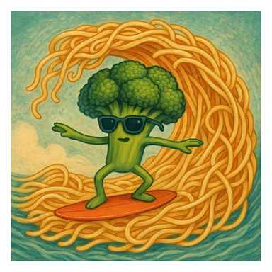 absurd surreal style broccoli with sunglasses surfing on a wave of spaghetti sticker