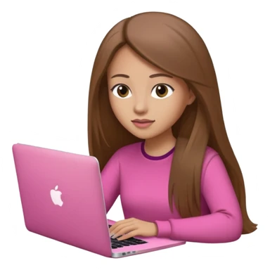 Mujer lacia peli larga y peli larga  en una MacBook rosa investigando y haciendo tareas con un libro de apuntes y con cara muy linda como modelo sticker