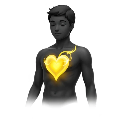 minimalist b&w male silhouette with flowing black-and-white curves across the lower body, now overlaid with a small, softly glowing spark or radiant light near the chest or head — heart symbolizing inspiration, inner fire, and creative energy awakening” yellow glow sticker