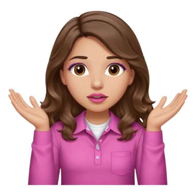 girl with long wavy brown hair, brown eyes, light to medium complexion, in a pink shirt, pink lips, long lashes, puckered lips, both hands all the way up for worship sticker