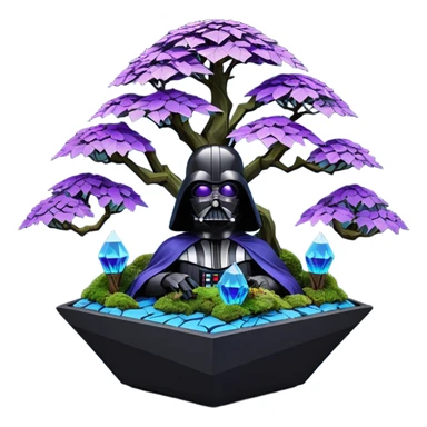 Futuristic wild glowing alien moss maples Bonsai hair-fine-leaf group multi faceted intricate crystal boxwood Darth Vader purple rose blue informal rocky cliffhanger eight trees forest planting in shallow origami slab style pot with big anthropomorphic feet  sticker