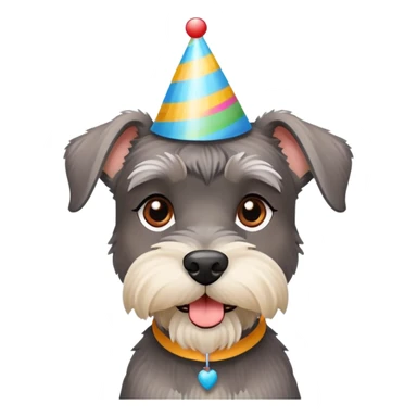 A schnauzer dog wearing a colorful birthday hat sticker