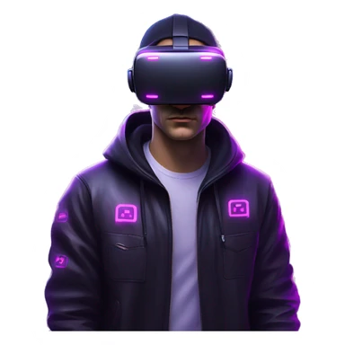 Russian man wearing a black hoodie with "OMG" letters on it and VR headset in a cyberpunk VR environment with violet neon lighting. sticker