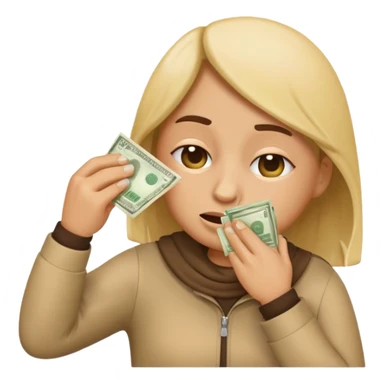 emoji character wiping its nose with a stack of money, expressive face sticker