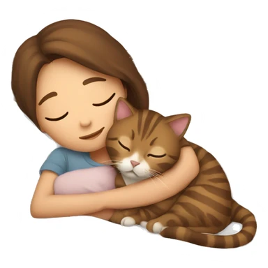 brown haired girl sleeping with tabby brown cat in bed sticker
