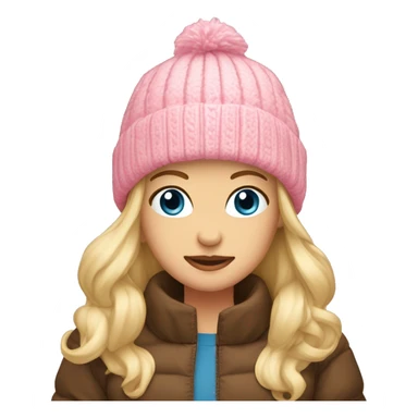 Blond girl blue eyes brown puffer jacket pink nitted beanie  sticker