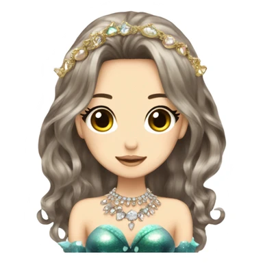 mermaid hime gyaru girl, dark brown hair, jewerly sticker