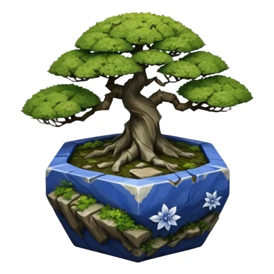 Japanese very old broken intricate Stone Age rocky-crusted dodecahedron-shaped shallow dark moss rough bark blue willow flower maple tree bonsai pot sticker