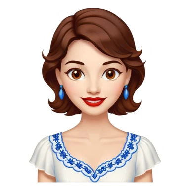 Professional woman at 40 with bright complexion, round face, big lively light brown eyes, wide friendly smile, vibrant red lips, voluminous wavy dark brown hair to shoulders, white summery dress with blue embroidery and electric blue neckline sticker