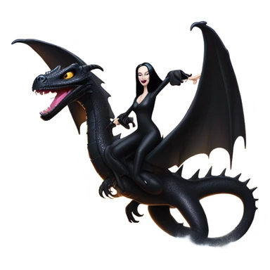 beautifully dressed teen Morticia Addams beach Barbie Jedi flying on the back of a very large black shiny evil-looking fire-spewing dragon. proper scale sticker