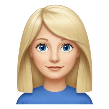 50 yr old white woman, curtain bangs, very long straight blond hair, oval face, small smile, blue eyes, thin face, hair downback, middle part round cheeks, pale, longer hair sticker