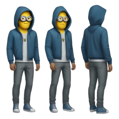 minion blue hood blue shirt gray pants with gold insert belt leather shoes black mask three stripes claw marks glasses angry glance sticker