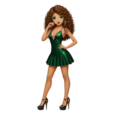 green eyes brown long curly hair woman, mafia boss style with 7 inch platform stripper high heels black glitter dress, Los Angeles Spanish style black outfit sticker
