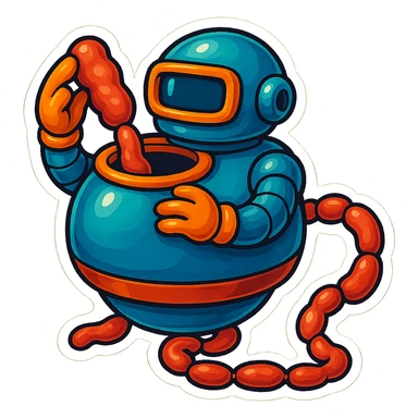 a robot that uses arms to put meat in large hole on top. sausage links come out robots rear. no legs on robot. robot hovers. robot feeds itself meat sticker