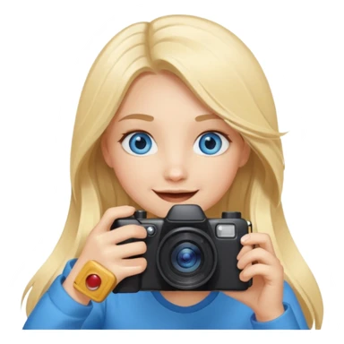  blue eyes blonde girl photographer cartoon taking picture in middle of taking picture camera in front of face long hair smiling funny flash professional, camera in front of face sticker