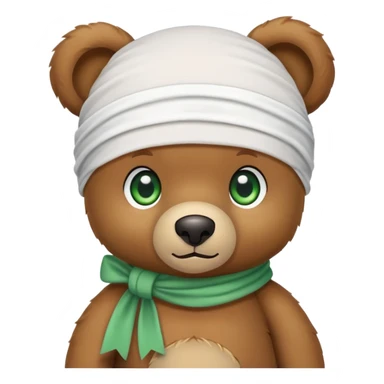 Cute brown teddy bear with innocent green eyes wearing a white wave durag perfectly tied, iOS emoji style sticker