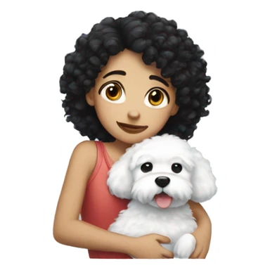 A girl with black curly hair hugging a white fluffy dog  sticker