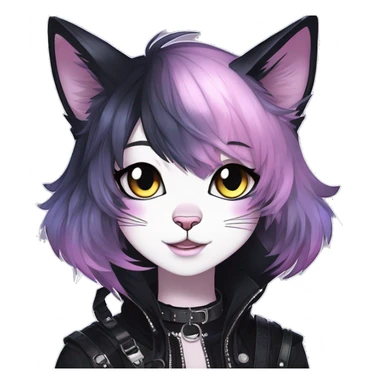 Gorgeous sparkly shiny epic magical gradient gothic dark techwear anime style anthro cat with blushing face aesthetic and pretty edgy black with collar and harness trending style sticker