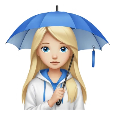 Cinematic realistic emojis in the form of a blonde girl with long hair, blue eyes, wearing a white hoodie, holding an umbrella over her sticker