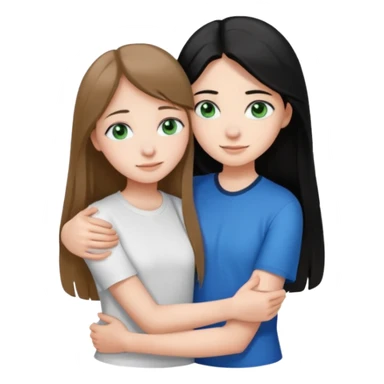 una ragazza dall‘ età di 19 anni con capelli castani chiaro lunghi e lisci ,  occhi blu  ,  e una ragazza di 17 anni capelli neri occhi verdi che si abbracciano e con una maglia bianca o nera  sticker