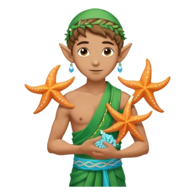 elf male Sarong with bioluminescent embroidery, armful of starfish, hair in a braid with pearl pins. sticker