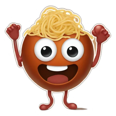 Spaghetti and meatballs with a face, arms and legs, doing something random sticker