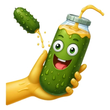 a cartoon pickle with juice squirting from the top of it, being squeezed by a hand sticker