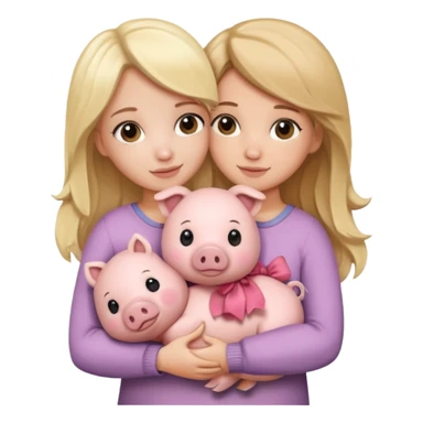 Girlfriends, blonde and brunette, hugging each other with a teddy bear and a little pig. Teddy sticker