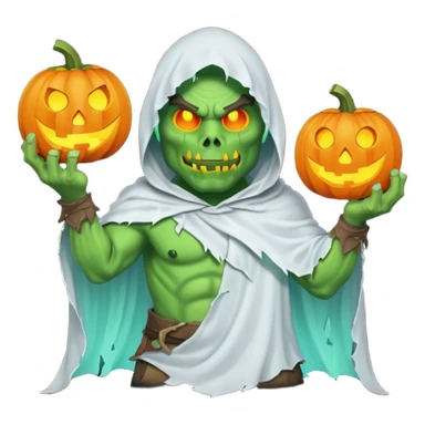 male orc warrior ghost emoji, green skin, wearing torn white ghost sheet costume, holding glowing jack-o'-lantern, faint blue aura, friendly but spooky expression, Halloween fantasy theme, Apple emoji style, clean white background, square sticker